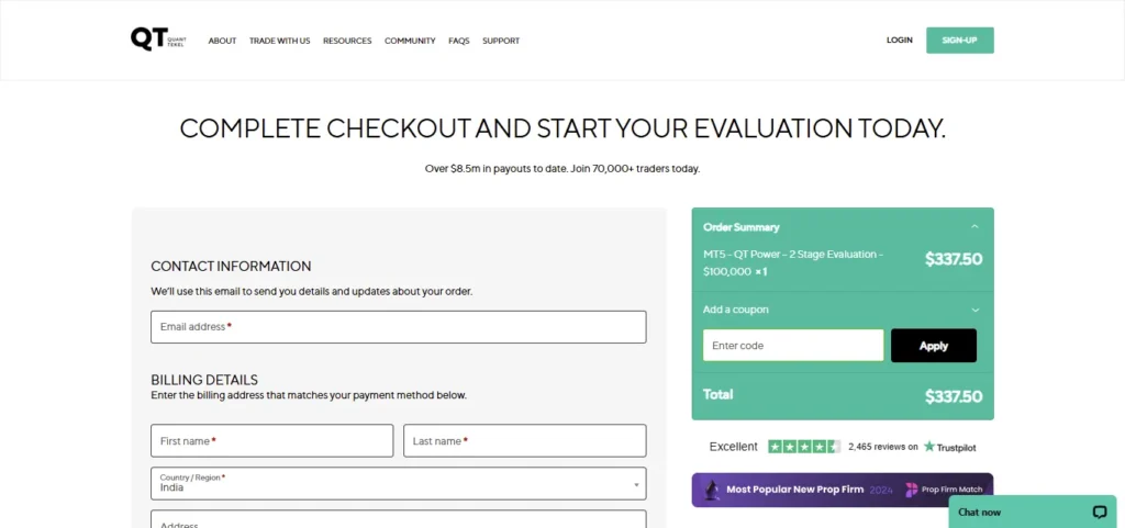 Quant Tekel Checkout page